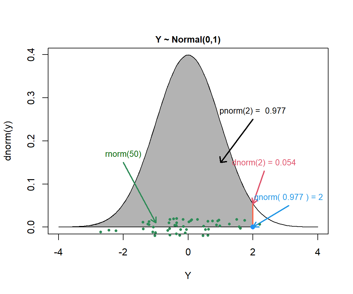 Picture of a normal distribution showing different ways to interact with it using R's built in functions, dnorm, rnorm, pnorm, and qnorm.