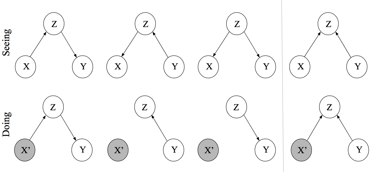 Representation of causal diagrams after intervening in the system. Intervening cuts links from parents of the variables that are controlled.