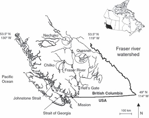 Map of British Columbia, showing the location of the Fraser River.