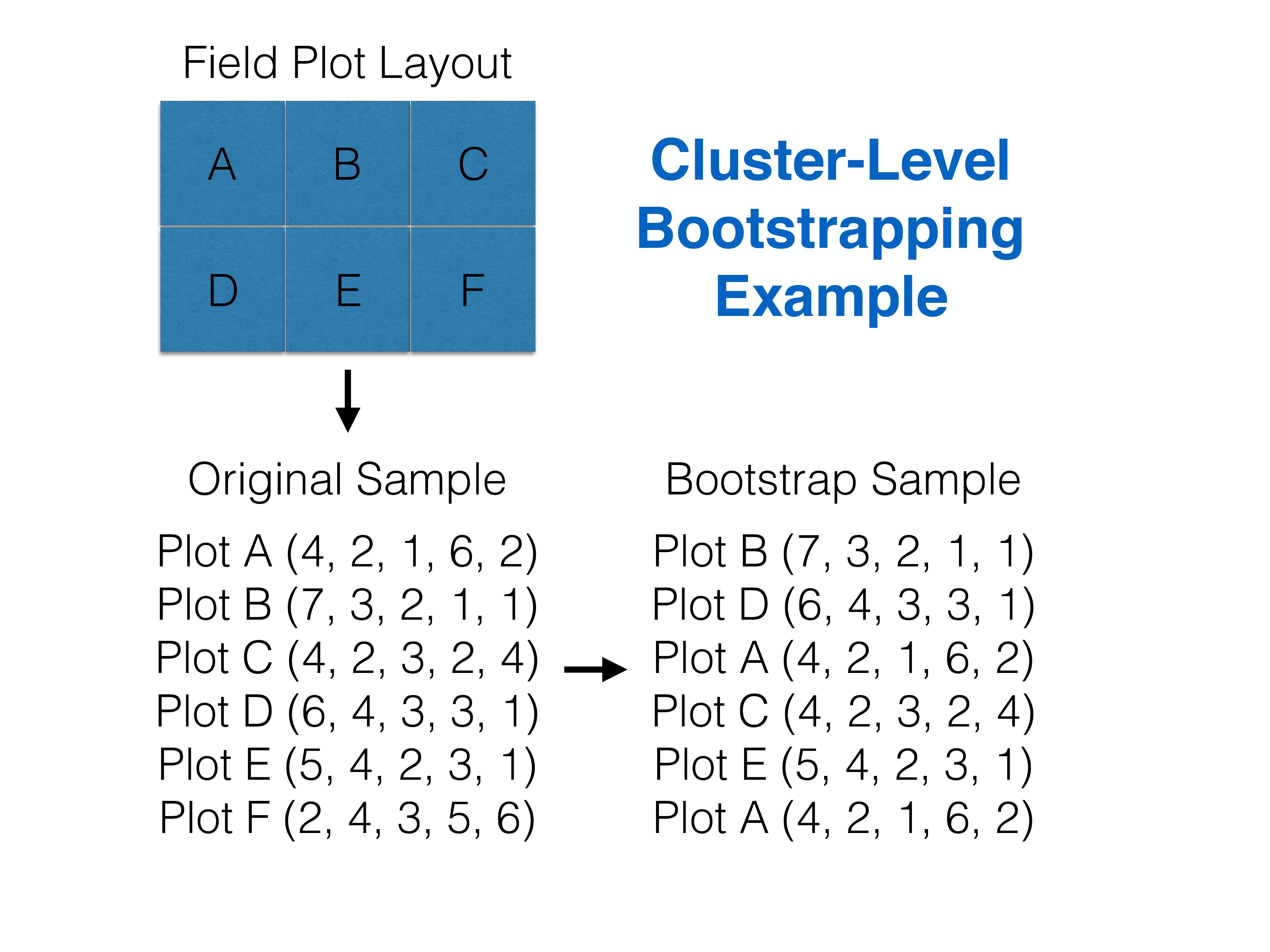 Schematic for how one might bootstrap clustered observations by sampling clusters with replacement and including all observations whenever the cluster is chosen.